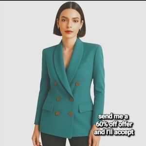 ATRIUM Dupioni Double-Breasted Blazer with Shawl Lapel Jacket Light Teal 10